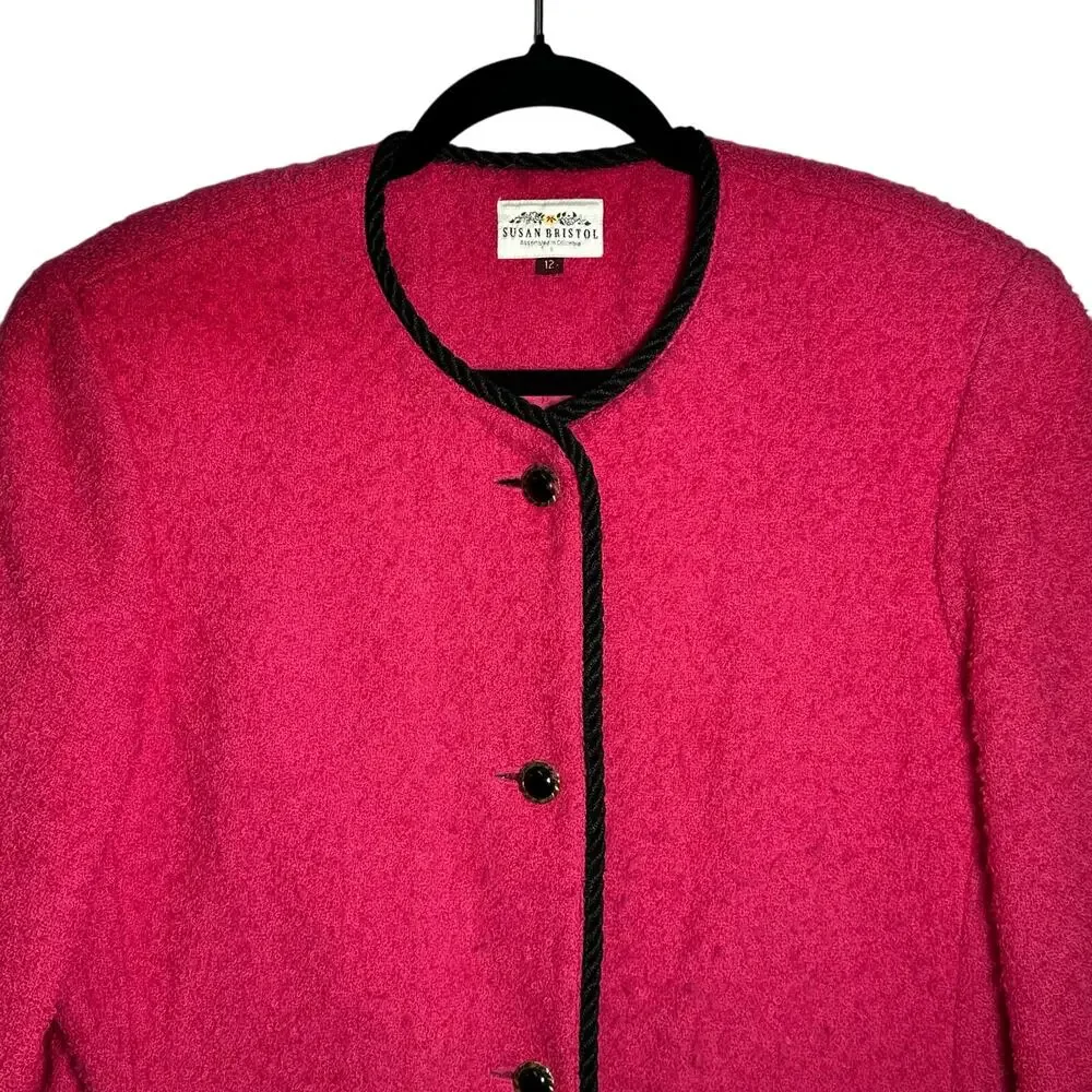 Susan Bristol Pink Black Worsted Wool Blend Suit Jacket Blazer Size 12 Vintage - Picture 3 of 8